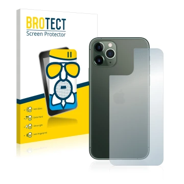 Face avant d’un emballage produit avec le logo de la marque BROTECT. À côté, l’appareil Apple iPhone 11 Pro (Arrière) est repr