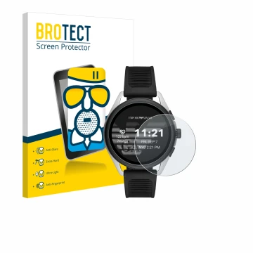 Face avant d’un emballage produit avec le logo de la marque BROTECT. À côté, l’appareil Emporio Armani Connected Smartwatch 3 