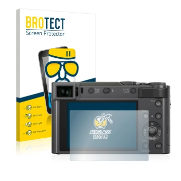 Face avant d’un emballage produit avec le logo de la marque BROTECT. À côté, l’appareil Panasonic Lumix DC-TZ200 est représent