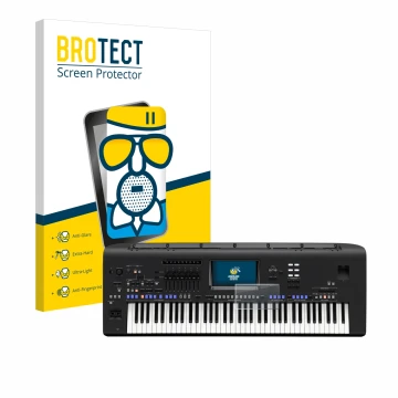 Face avant d’un emballage produit avec le logo de la marque BROTECT. À côté, l’appareil Yamaha Genos est représenté avec la pr
