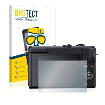 Face avant d’un emballage produit avec le logo de la marque BROTECT. À côté, l’appareil Canon EOS M200 est représenté avec la 