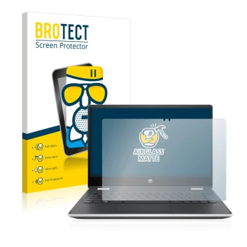 Face avant d’un emballage produit avec le logo de la marque BROTECT. À côté, l’appareil HP Pavilion x360 (14-dhX) est représen