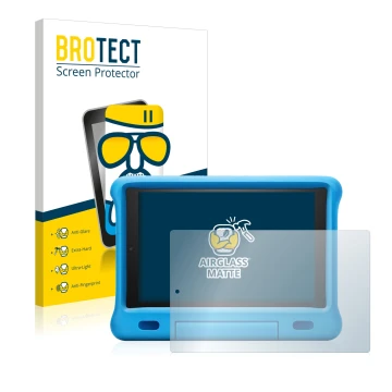 Face avant d’un emballage produit avec le logo de la marque BROTECT. À côté, l’appareil Amazon Fire HD 10 Kids 2019 (9ème Gen.