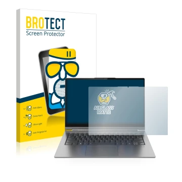 Face avant d’un emballage produit avec le logo de la marque BROTECT. À côté, l’appareil Lenovo Yoga C940 14