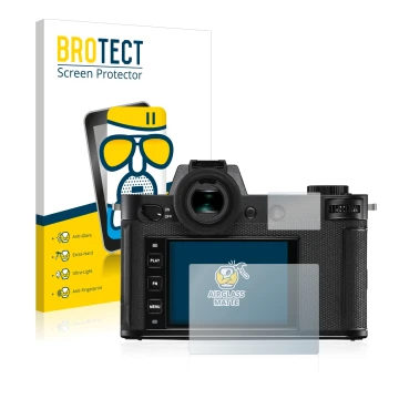Face avant d’un emballage produit avec le logo de la marque BROTECT. À côté, l’appareil Leica SL2 est représenté avec la prote