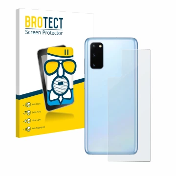 Face avant d’un emballage produit avec le logo de la marque BROTECT. À côté, l’appareil Samsung Galaxy S20 (Arrière) est repré