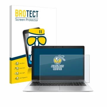 Face avant d’un emballage produit avec le logo de la marque BROTECT. À côté, l’appareil HP EliteBook 850 G6 est représenté ave