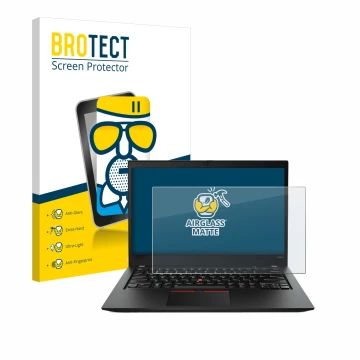 Face avant d’un emballage produit avec le logo de la marque BROTECT. À côté, l’appareil Lenovo ThinkPad T490s est représenté a