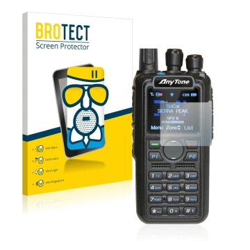 Face avant d’un emballage produit avec le logo de la marque BROTECT. À côté, l’appareil AnyTone AT-D878UV est représenté avec 