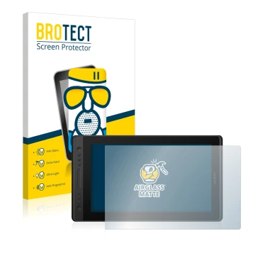 Face avant d’un emballage produit avec le logo de la marque BROTECT. À côté, l’appareil Huion Kamvas Pro 16 Premium est représ
