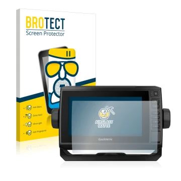 Face avant d’un emballage produit avec le logo de la marque BROTECT. À côté, l’appareil Garmin ECHOMAP UHD 72cv est représenté