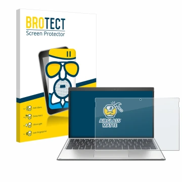Face avant d’un emballage produit avec le logo de la marque BROTECT. À côté, l’appareil HP Elite x2 G4 est représenté avec la 