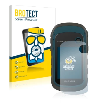 Face avant d’un emballage produit avec le logo de la marque BROTECT. À côté, l’appareil Garmin eTrex 22x est représenté avec l