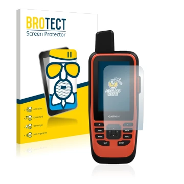 Face avant d’un emballage produit avec le logo de la marque BROTECT. À côté, l’appareil Garmin GPSMAP 86i est représenté avec 