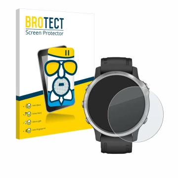 Face avant d’un emballage produit avec le logo de la marque BROTECT. À côté, l’appareil Garmin Fenix 6S est représenté avec la