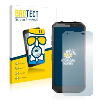 Face avant d’un emballage produit avec le logo de la marque BROTECT. À côté, l’appareil Blackview BV9500 Plus est représenté a