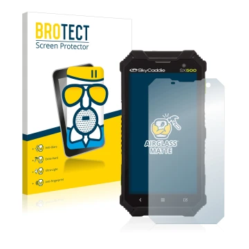 Face avant d’un emballage produit avec le logo de la marque BROTECT. À côté, l’appareil SkyCaddie SX500 est représenté avec la
