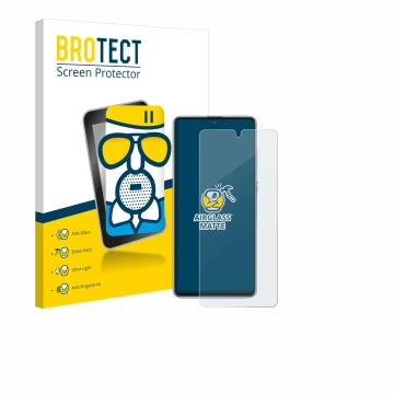 Face avant d’un emballage produit avec le logo de la marque BROTECT. À côté, l’appareil Samsung Galaxy Note 10 Lite est représ
