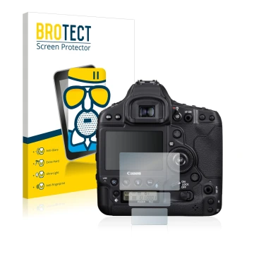 Face avant d’un emballage produit avec le logo de la marque BROTECT. À côté, l’appareil Canon EOS 1D X Mark III est représenté