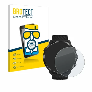 Face avant d’un emballage produit avec le logo de la marque BROTECT. À côté, l’appareil Suunto 7 est représenté avec la protec