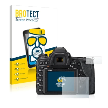 Face avant d’un emballage produit avec le logo de la marque BROTECT. À côté, l’appareil Nikon D780 est représenté avec la prot