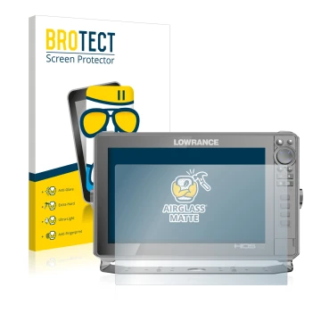 Face avant d’un emballage produit avec le logo de la marque BROTECT. À côté, l’appareil Lowrance HDS Live 12