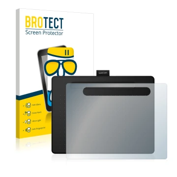 Face avant d’un emballage produit avec le logo de la marque BROTECT. À côté, l’appareil Wacom Intuos M est représenté avec la 