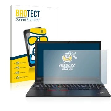 Face avant d’un emballage produit avec le logo de la marque BROTECT. À côté, l’appareil Lenovo ThinkPad E14 Gen 2 est représen