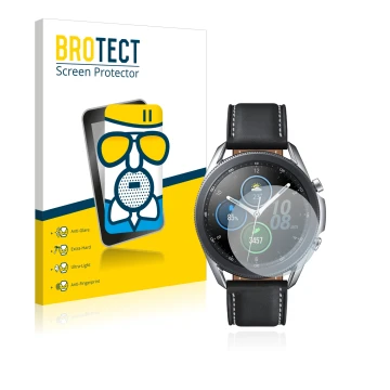 Face avant d’un emballage produit avec le logo de la marque BROTECT. À côté, l’appareil Samsung Galaxy Watch 3 (41mm) est repr
