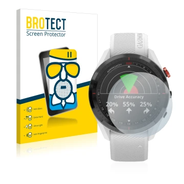 Face avant d’un emballage produit avec le logo de la marque BROTECT. À côté, l’appareil Garmin Approach S62 est représenté ave