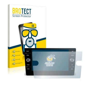 Face avant d’un emballage produit avec le logo de la marque BROTECT. À côté, l’appareil Volkswagen Arteon 2017-2019 Discover M