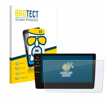 Face avant d’un emballage produit avec le logo de la marque BROTECT. À côté, l’appareil Volkswagen Passat 2019 Discover Pro 9.