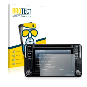 Face avant d’un emballage produit avec le logo de la marque BROTECT. À côté, l’appareil Volkswagen Caddy 2015 Discover Media 6