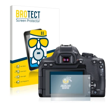 Face avant d’un emballage produit avec le logo de la marque BROTECT. À côté, l’appareil Canon EOS 850D est représenté avec la 