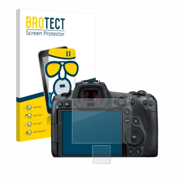 Face avant d’un emballage produit avec le logo de la marque BROTECT. À côté, l’appareil Canon EOS R5 est représenté avec la pr