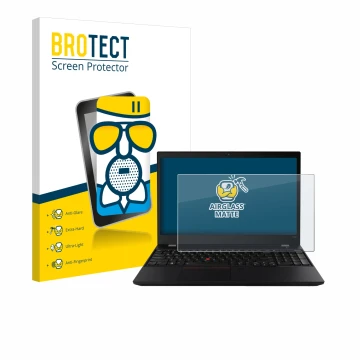Face avant d’un emballage produit avec le logo de la marque BROTECT. À côté, l’appareil Lenovo ThinkPad T590 Non-Touch est rep