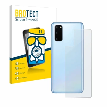 Face avant d’un emballage produit avec le logo de la marque BROTECT. À côté, l’appareil Samsung Galaxy S20 5G (Arrière) est re