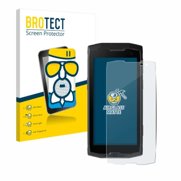 Face avant d’un emballage produit avec le logo de la marque BROTECT. À côté, l’appareil Crosscall Core M4 est représenté avec 