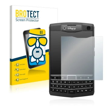 Face avant d’un emballage produit avec le logo de la marque BROTECT. À côté, l’appareil Unihertz Titan est représenté avec la 