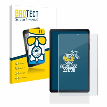 Face avant d’un emballage produit avec le logo de la marque BROTECT. À côté, l’appareil Samsung Galaxy Tab S6 Lite LTE 2020 es