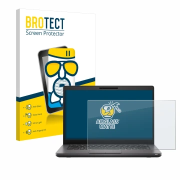 Face avant d’un emballage produit avec le logo de la marque BROTECT. À côté, l’appareil Dell Latitude 5400 est représenté avec