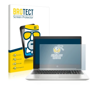 Face avant d’un emballage produit avec le logo de la marque BROTECT. À côté, l’appareil HP ProBook 450 G6 est représenté avec 