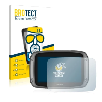 Face avant d’un emballage produit avec le logo de la marque BROTECT. À côté, l’appareil TomTom Rider 50 est représenté avec la