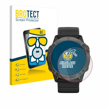 Face avant d’un emballage produit avec le logo de la marque BROTECT. À côté, l’appareil Garmin Fenix 6X Pro Solar est représen