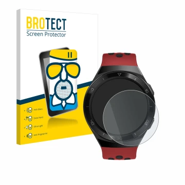 Face avant d’un emballage produit avec le logo de la marque BROTECT. À côté, l’appareil Huawei Watch GT 2e est représenté avec