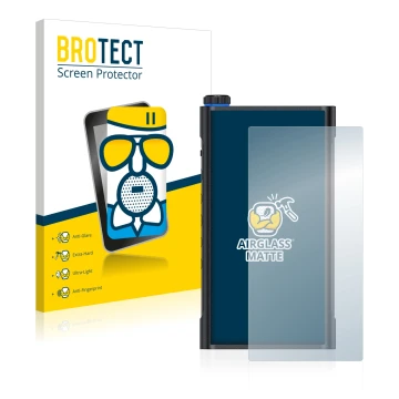 Face avant d’un emballage produit avec le logo de la marque BROTECT. À côté, l’appareil FiiO M15 est représenté avec la protec