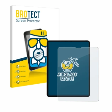 Face avant d’un emballage produit avec le logo de la marque BROTECT. À côté, l’appareil Apple iPad 12.9