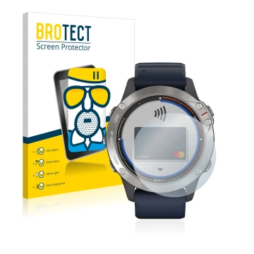 Face avant d’un emballage produit avec le logo de la marque BROTECT. À côté, l’appareil Garmin quatix 6 est représenté avec la