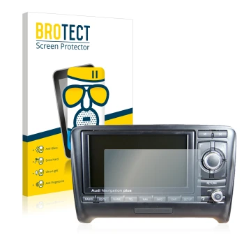 Face avant d’un emballage produit avec le logo de la marque BROTECT. À côté, l’appareil Audi A3 8P 2004-2012 RNS-E est représe