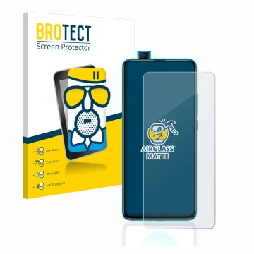 Face avant d’un emballage produit avec le logo de la marque BROTECT. À côté, l’appareil Xiaomi Poco F2 Pro est représenté avec